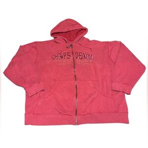 VTG Y2K Chaps Denim Red Full Zip Hoodie Embroidered Size XXL Baggy